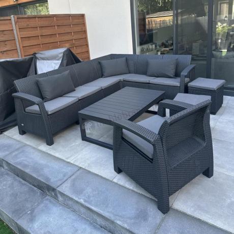 Duży narożnik Relly VI grafit z podnoszonym stołem i fotelem + pufy