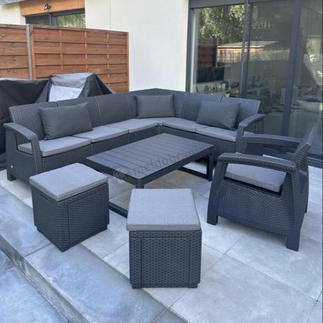 Duży narożnik Relly VI grafit z podnoszonym stołem i fotelem + pufy