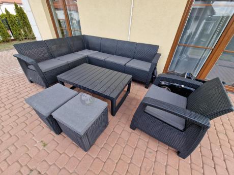 Duży narożnik Relly VI grafit z podnoszonym stołem i fotelem + pufy