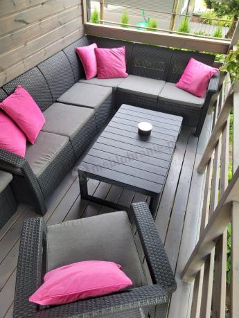 Duży narożnik Relly VI grafit z podnoszonym stołem i fotelem + pufy