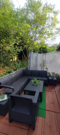 Duży narożnik Relly VI grafit z podnoszonym stołem i fotelem + pufy