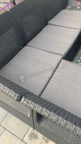 Duży narożnik Relly VI grafit z podnoszonym stołem i fotelem + pufy