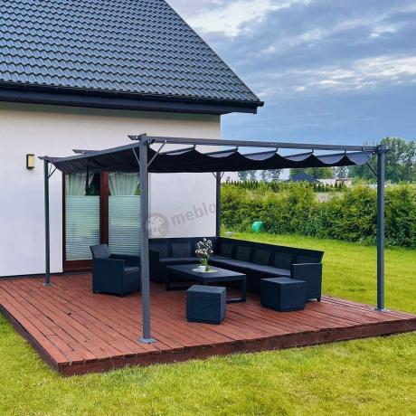 Duży narożnik tarasowy Nedler VII, stół podnoszony, fotel i dwie pufy