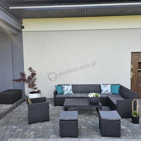 Duży narożnik tarasowy Nedler VII, stół podnoszony, fotel i dwie pufy