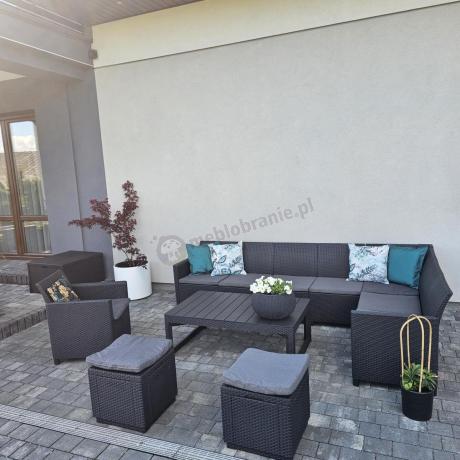 Duży narożnik tarasowy Nedler VII, stół podnoszony, fotel i dwie pufy