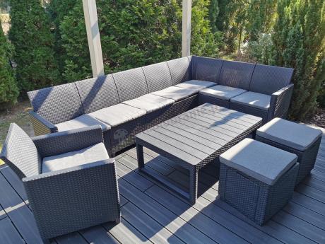 Duży narożnik tarasowy Nedler VII, stół podnoszony, fotel i dwie pufy