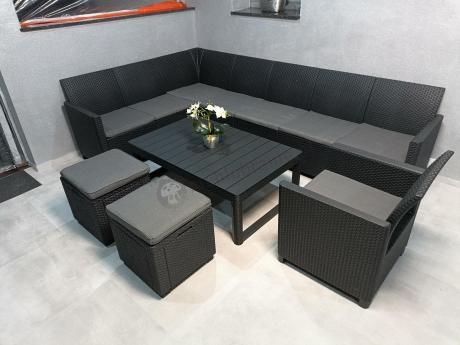 Duży narożnik tarasowy Nedler VII, stół podnoszony, fotel i dwie pufy