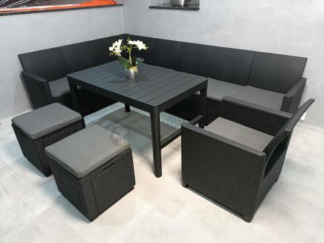 Duży narożnik tarasowy Nedler VII, stół podnoszony, fotel i dwie pufy