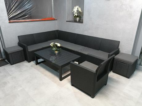 Duży narożnik tarasowy Nedler VII, stół podnoszony, fotel i dwie pufy