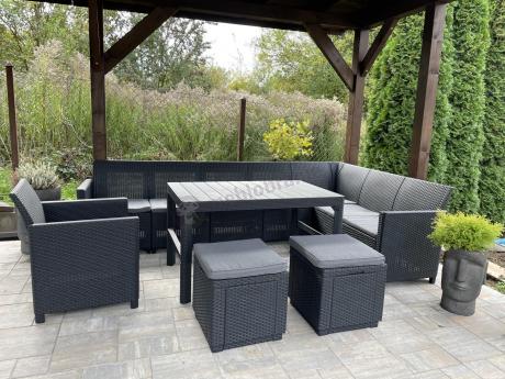 Duży narożnik tarasowy Nedler VII, stół podnoszony, fotel i dwie pufy