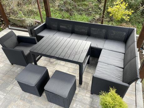 Duży narożnik tarasowy Nedler VII, stół podnoszony, fotel i dwie pufy