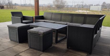 Duży narożnik tarasowy Nedler VII, stół podnoszony, fotel i dwie pufy