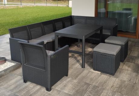 Duży narożnik tarasowy Nedler VII, stół podnoszony, fotel i dwie pufy