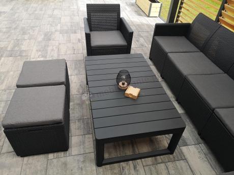Duży narożnik tarasowy Nedler VII, stół podnoszony, fotel i dwie pufy