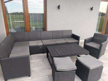 Duży narożnik tarasowy Nedler VII, stół podnoszony, fotel i dwie pufy