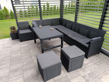 Duży narożnik tarasowy Nedler VII, stół podnoszony, fotel i dwie pufy