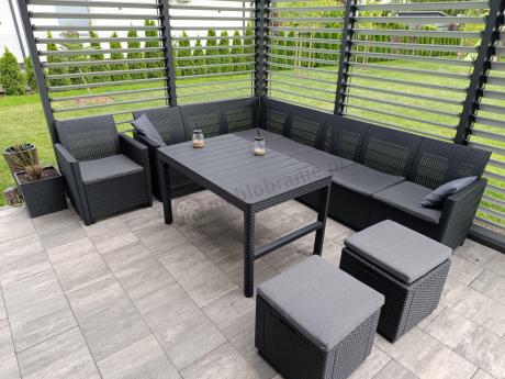Duży narożnik tarasowy Nedler VII, stół podnoszony, fotel i dwie pufy