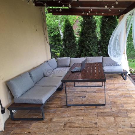 Duży nowoczesny narożnik na taras z dwoma fotelami i pufami Panaon Corner XXL - Light Grey