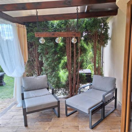 Duży nowoczesny narożnik na taras z dwoma fotelami i pufami Panaon Corner XXL - Light Grey