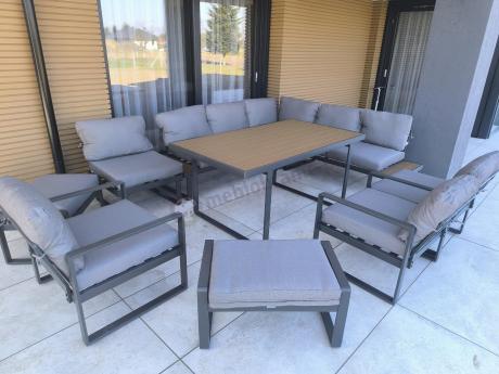 Duży nowoczesny narożnik na taras z fotelami i pufami Panaon Corner XXL - Grey Teak