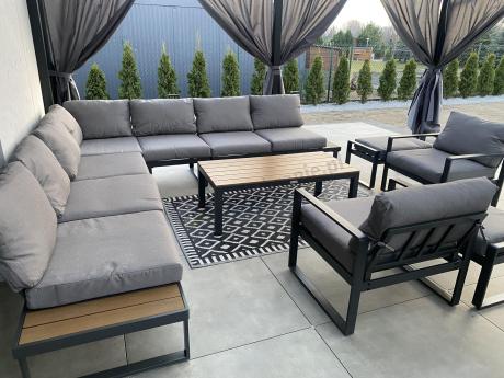 Duży nowoczesny narożnik na taras z fotelami i pufami Panaon Corner XXL - Grey Teak