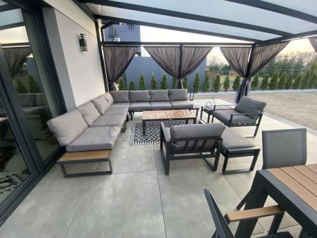 Duży nowoczesny narożnik na taras z fotelami i pufami Panaon Corner XXL - Grey Teak