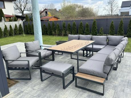 Duży nowoczesny narożnik na taras z fotelami i pufami Panaon Corner XXL - Grey Teak