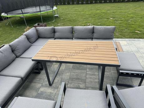 Duży nowoczesny narożnik na taras z fotelami i pufami Panaon Corner XXL - Grey Teak