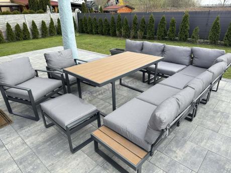 Duży nowoczesny narożnik na taras z fotelami i pufami Panaon Corner XXL - Grey Teak