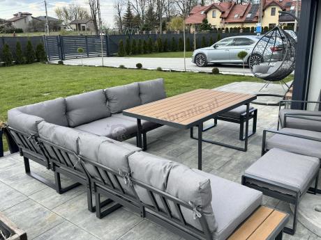Duży nowoczesny narożnik na taras z fotelami i pufami Panaon Corner XXL - Grey Teak