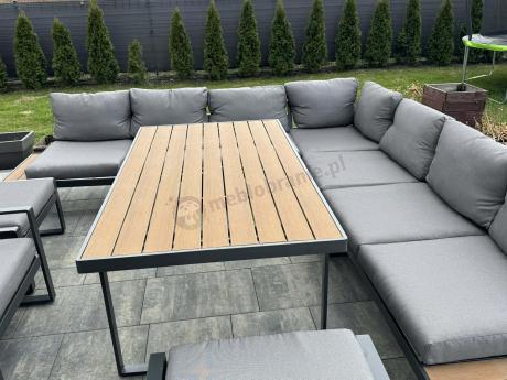 Duży nowoczesny narożnik na taras z fotelami i pufami Panaon Corner XXL - Grey Teak