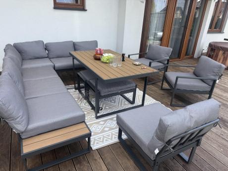Duży nowoczesny narożnik na taras z fotelami i pufami Panaon Corner XXL - Grey Teak