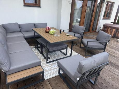 Duży nowoczesny narożnik na taras z fotelami i pufami Panaon Corner XXL - Grey Teak