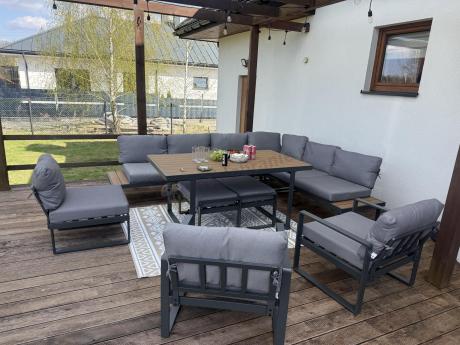Duży nowoczesny narożnik na taras z fotelami i pufami Panaon Corner XXL - Grey Teak