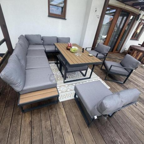 Duży nowoczesny narożnik na taras z fotelami i pufami Panaon Corner XXL - Grey Teak