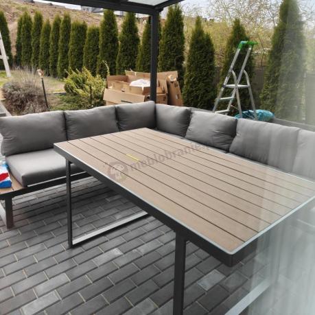 Duży nowoczesny narożnik na taras z fotelami i pufami Panaon Corner XXL - Grey Teak