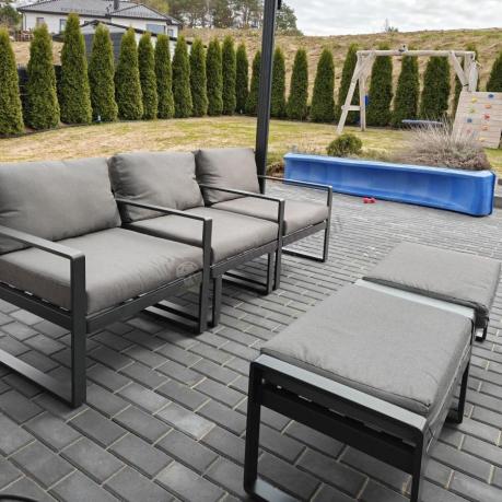Duży nowoczesny narożnik na taras z fotelami i pufami Panaon Corner XXL - Grey Teak