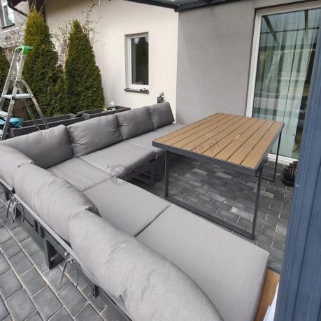 Duży nowoczesny narożnik na taras z fotelami i pufami Panaon Corner XXL - Grey Teak