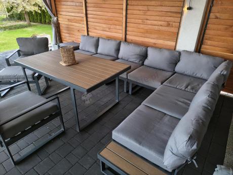 Duży nowoczesny narożnik na taras z fotelami i pufami Panaon Corner XXL - Grey Teak