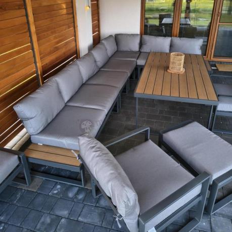 Duży nowoczesny narożnik na taras z fotelami i pufami Panaon Corner XXL - Grey Teak