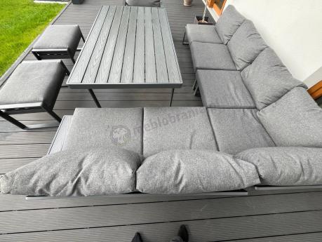 Duży nowoczesny narożnik na taras z fotelem i wysokim stołem Panaon DG