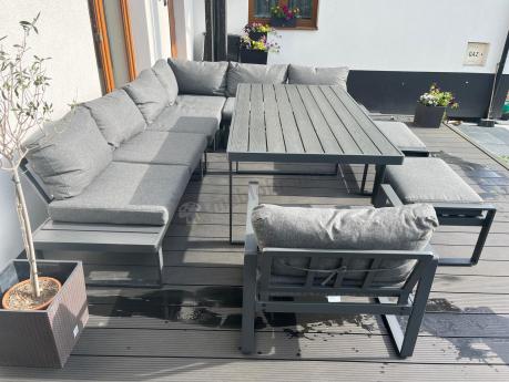 Duży nowoczesny narożnik na taras z fotelem i wysokim stołem Panaon DG