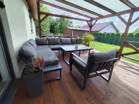 Duży nowoczesny narożnik na taras z fotelem Panaon DG