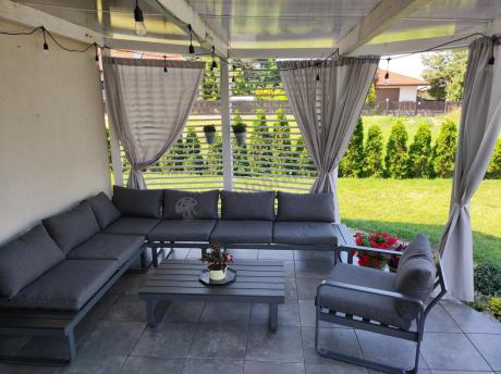 Duży nowoczesny narożnik na taras z fotelem Panaon DG