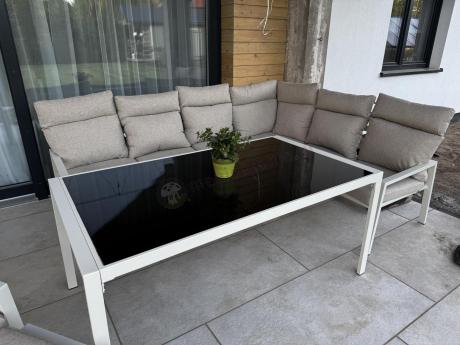 Duży zestaw mebli na taras dla 10 osób z narożnikiem i stołem obiadowym 160cm Doros Corner XL - Cream