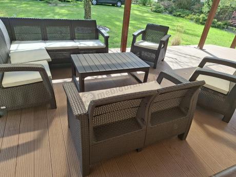 Duży zestaw na taras dla 9 osób z narożnikiem, stołem podnoszonym i trzema fotelami Relly VI brązowy