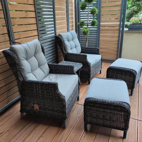 Dwa regulowane fotele z podnóżkami i stolikiem technorattan Laritto Duo - Antracite