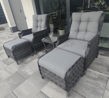 Dwa regulowane fotele z podnóżkami i stolikiem technorattan Laritto Duo - Antracite