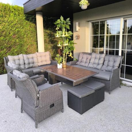 Eleganckie meble ogrodowe technorattanowe premium dla 8 osób z regulacją foteli ze stołem polywood Fiorento - Anthrac