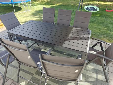 Grafitowe meble aluminiowe - stół 180cm i składane krzesła - Kanbery Antracite 8+1